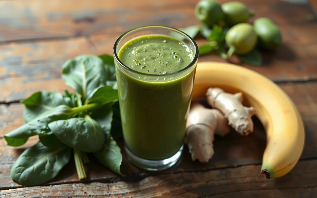 Fresh green smoothie with ingredients on a wooden table