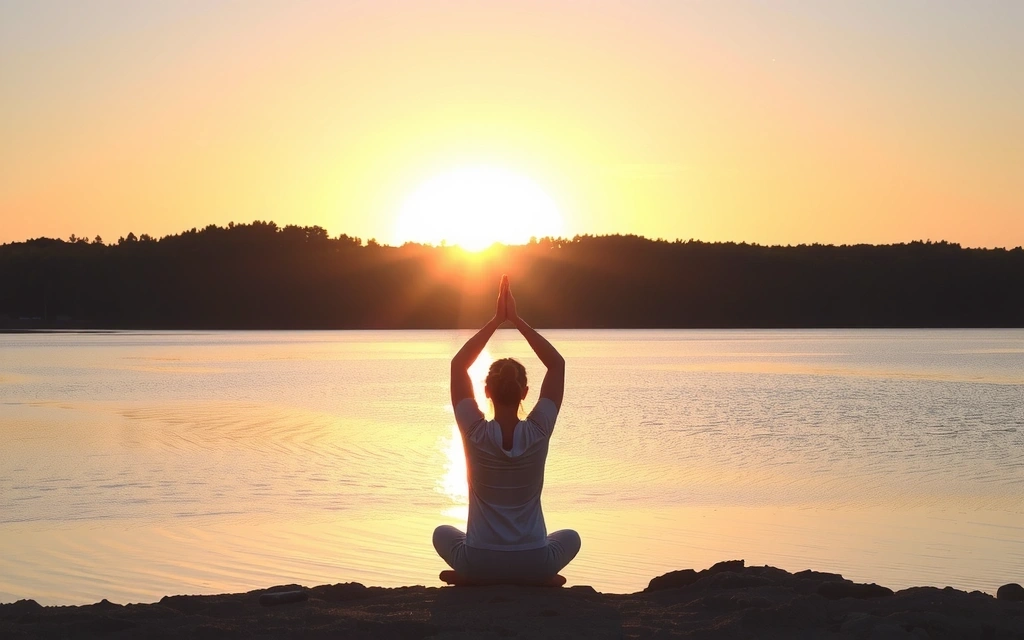 Person meditating by a calm lake at sunset