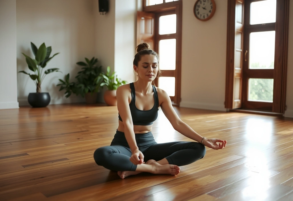 Woman meditating in a serene yoga studio with warm lighting