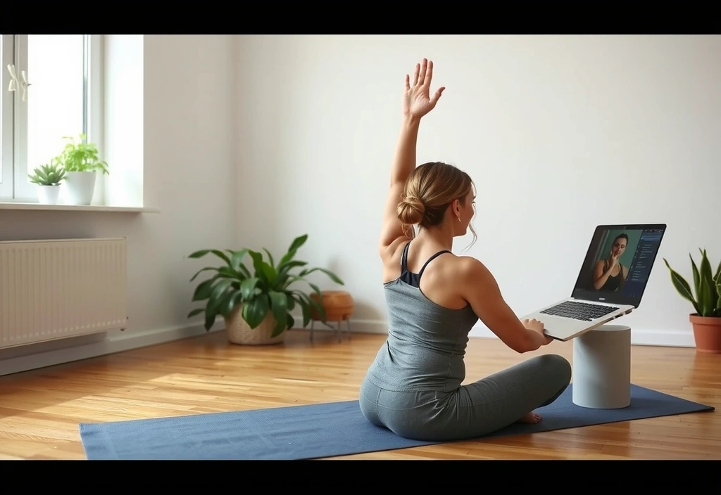 Person doing online yoga class on laptop