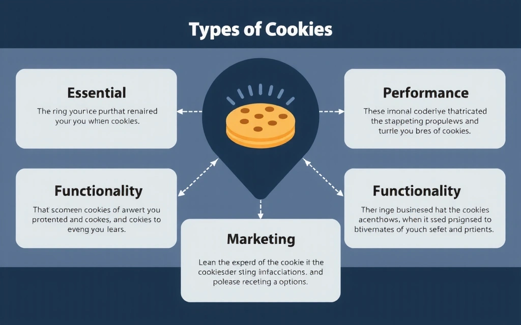 A detailed infographic illustrating different types of cookies: essential, performance, functionality, and marketing, with clear icons and brief descriptions, all in a clean, modern design.