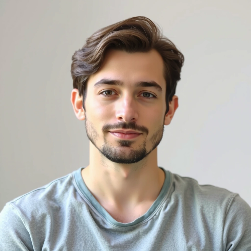 A male meditation guide, with a serene and focused expression.