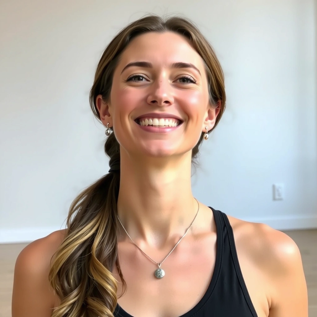 A smiling female yoga instructor, radiating calm and expertise.